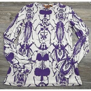 Tory Burch 100% Silk Beetle Print Top Blouse Long Sleeve Shirt Art To Wear MED